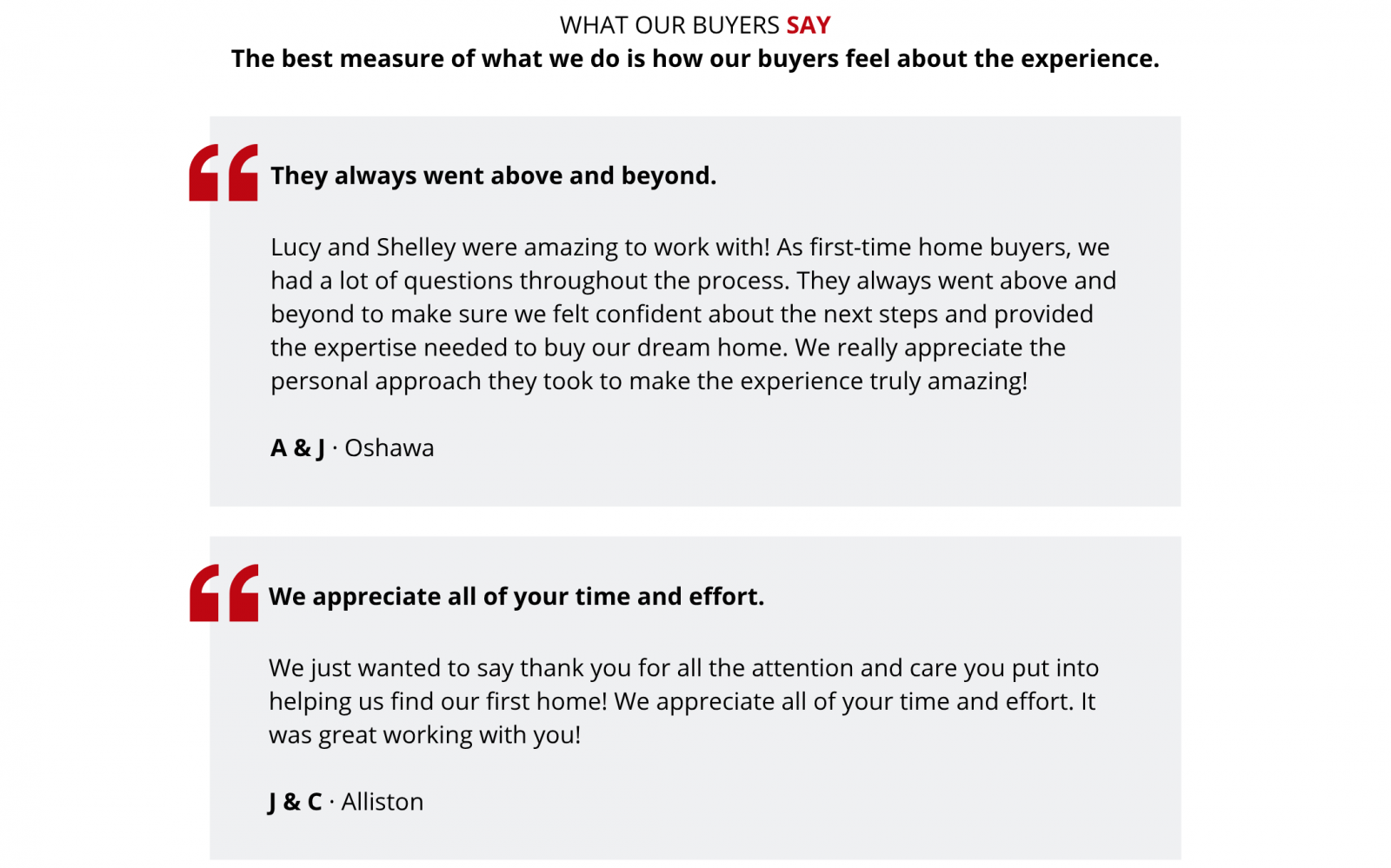 What our buyers say. “They always went above and beyond.” A and J from Oshawa describe how Lucy and Shelley answered their questions as first-time buyers, helped them feel confident about next steps and provided the expertise needed to buy their dream home. They appreciated the personal approach. “We appreciate all of your time and effort.” J and C from Alliston thank the team for the attention and care put into helping them find their first home.